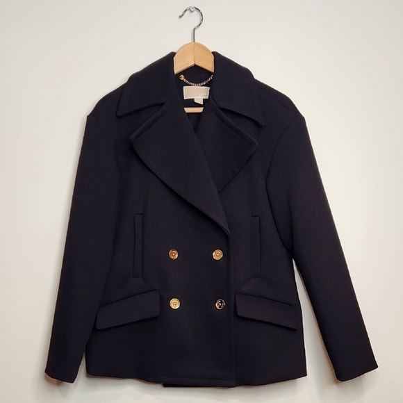 Michael Kors Jackets & Blazers - Michael Kors Black Wool Blend Quilted Peacoat Gold Military‎ Buttons size xs
